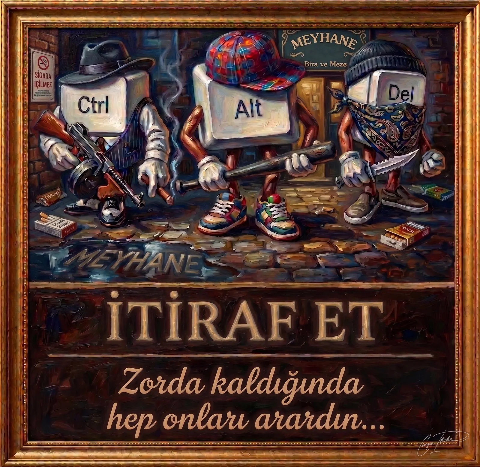 Yaldızlı çerçeveli tek kareli bir yağlı boya. Karanlık bir meyhane sokağında üç klavye tuşu kabadayı kılığında duruyor: fötr şapkalı, çizgili yelekli Ctrl elinde bir Thompson makineli tüfek ve puro tutuyor; ekose kasketli, rengârenk spor ayakkabılı Alt omzunda bir sopa taşıyor; bere takmış, şal desenli bandanayla yüzünü örten Del elinde testere ağızlı bir bıçak tutuyor. Arkada "MEYHANE — Bira ve Meze" tabelası, duvarda "SİGARA İÇİLMEZ" levhası. Altyazı: "İTİRAF ET — Zorda kaldığında hep onları arardın…" — Ctrl-Alt-Del imdat selamı.