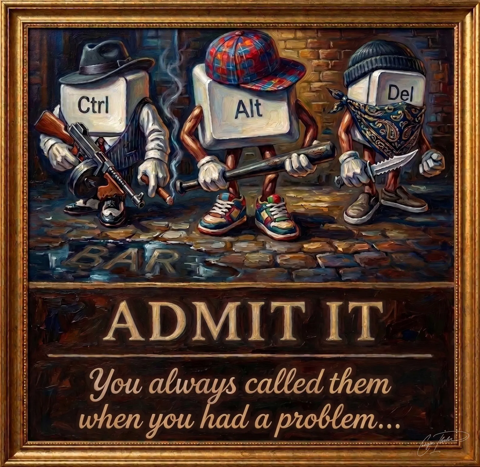 Single-panel oil painting in a gilded frame. Three computer keyboard keys stand in a dark alley dressed as street toughs: Ctrl in a fedora and pinstriped vest cradling a Tommy gun and a cigar, Alt in a plaid flat cap and bright sneakers shouldering a lead pipe, and Del in a beanie and paisley bandana mask holding a serrated knife. The caption reads "ADMIT IT — You always called them when you had a problem…" — the Ctrl-Alt-Del rescue salute.
