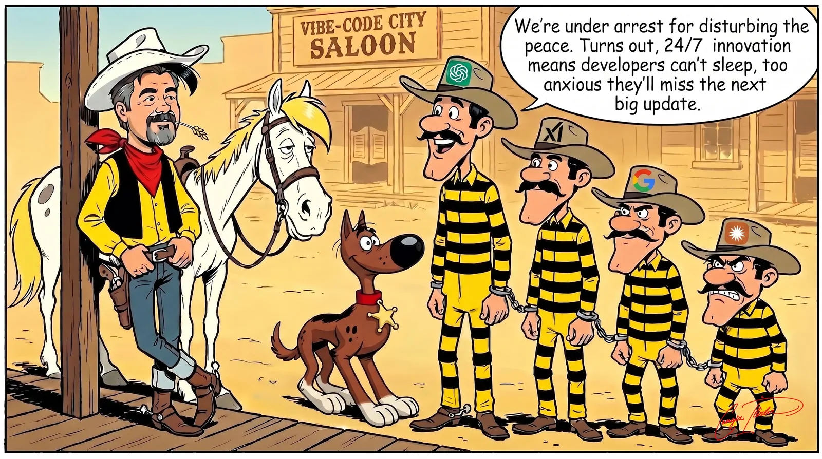 A wide Western comic strip in the Lucky Luke style. Outside the "VIBE-CODE CITY SALOON", a lean cowboy — the artist himself, in a white hat and red bandana — leans against a wooden post beside his white horse, a straw of wheat in his mouth and a six-shooter on his hip, while a grinning brown dog wears a sheriff's star on its collar. Marched past them, chained together at the wrists, are four glum outlaws in yellow-and-black striped prison suits, each hat bearing an AI company logo: OpenAI, xAI, Google (Gemini) and Anthropic. The lead prisoner explains in a speech bubble: "We're under arrest for disturbing the peace. Turns out, 24/7 innovation means developers can't sleep, too anxious they'll miss the next big update."