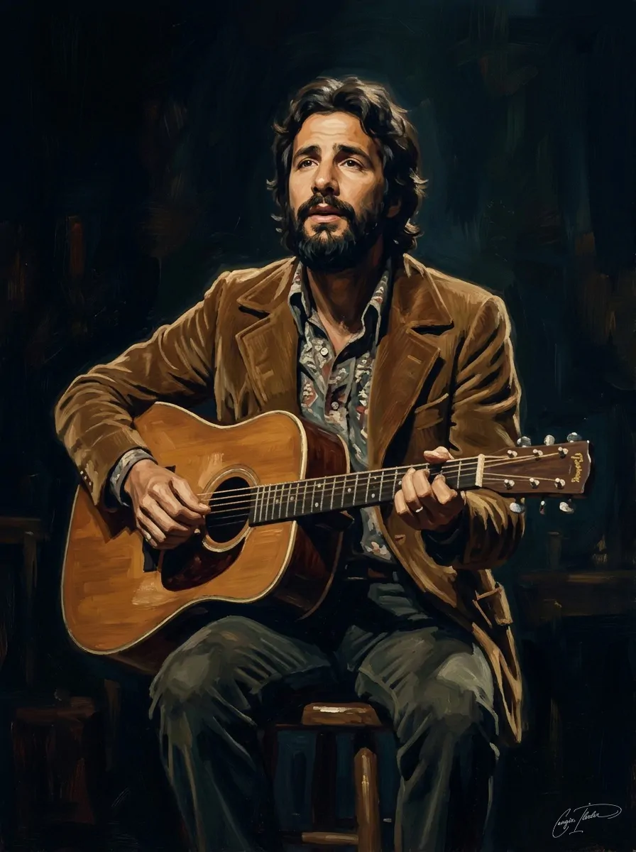 Painted portrait of Cat Stevens.