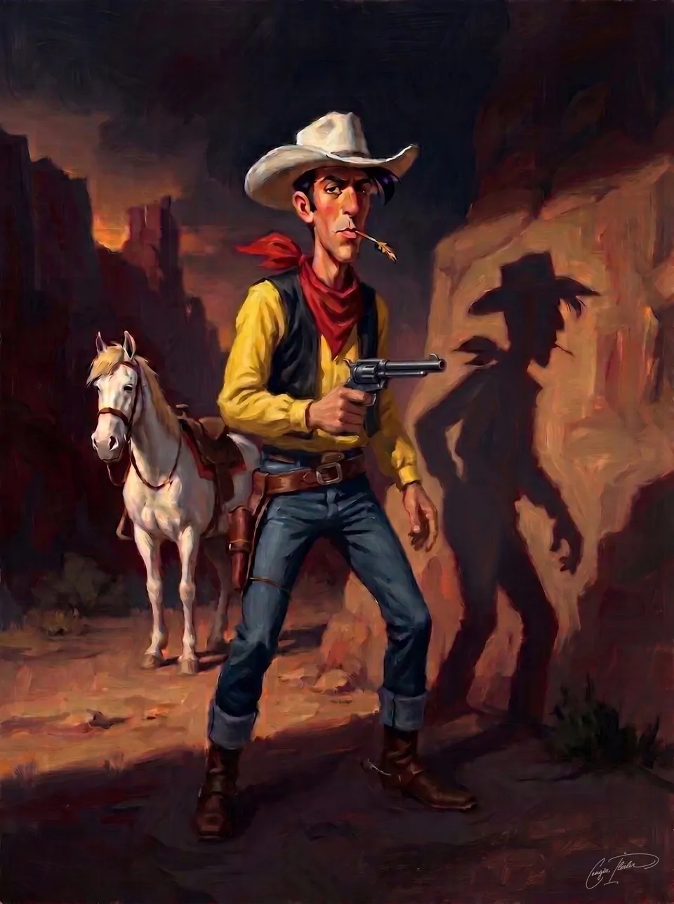 Oil painting of Lucky Luke drawing his revolver beside Jolly Jumper, his shadow beating him to it on the canyon wall.