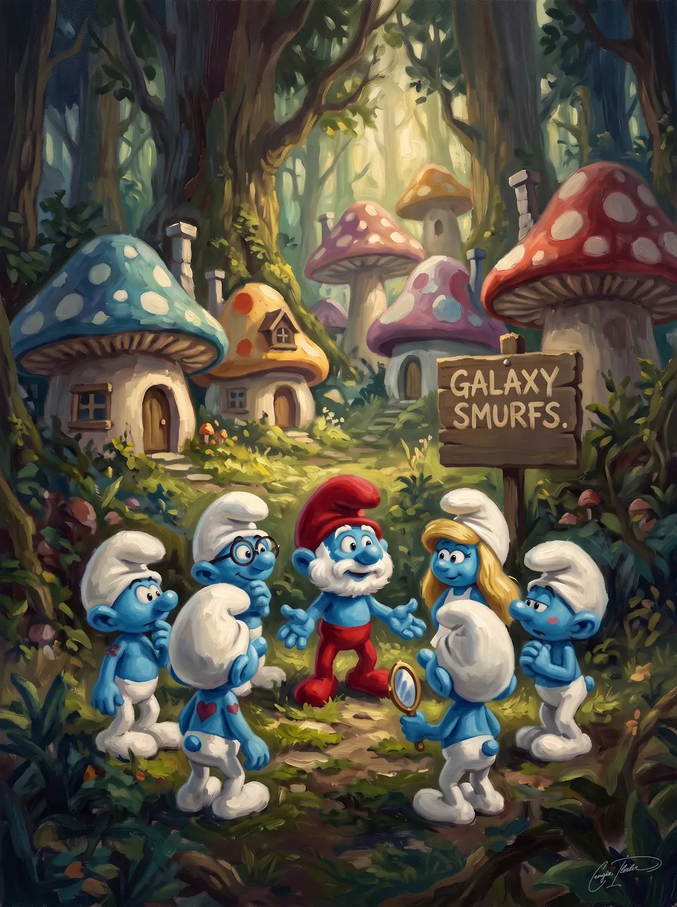 Oil painting of the Smurfs village — Papa Smurf and friends among the mushroom houses.
