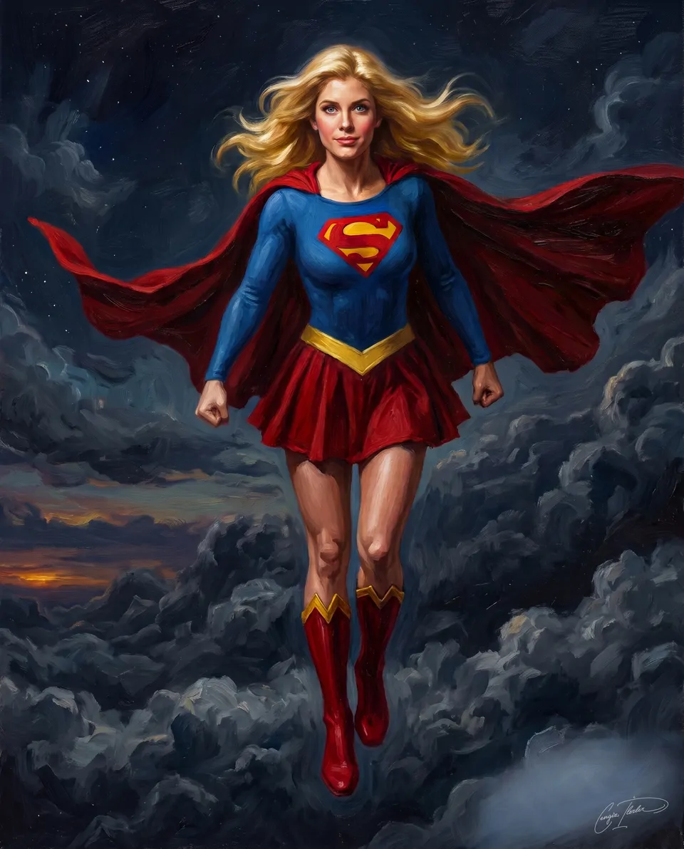 Oil painting of Supergirl in the classic red-and-blue costume, red cape flying, soaring above moonlit clouds at dusk.
