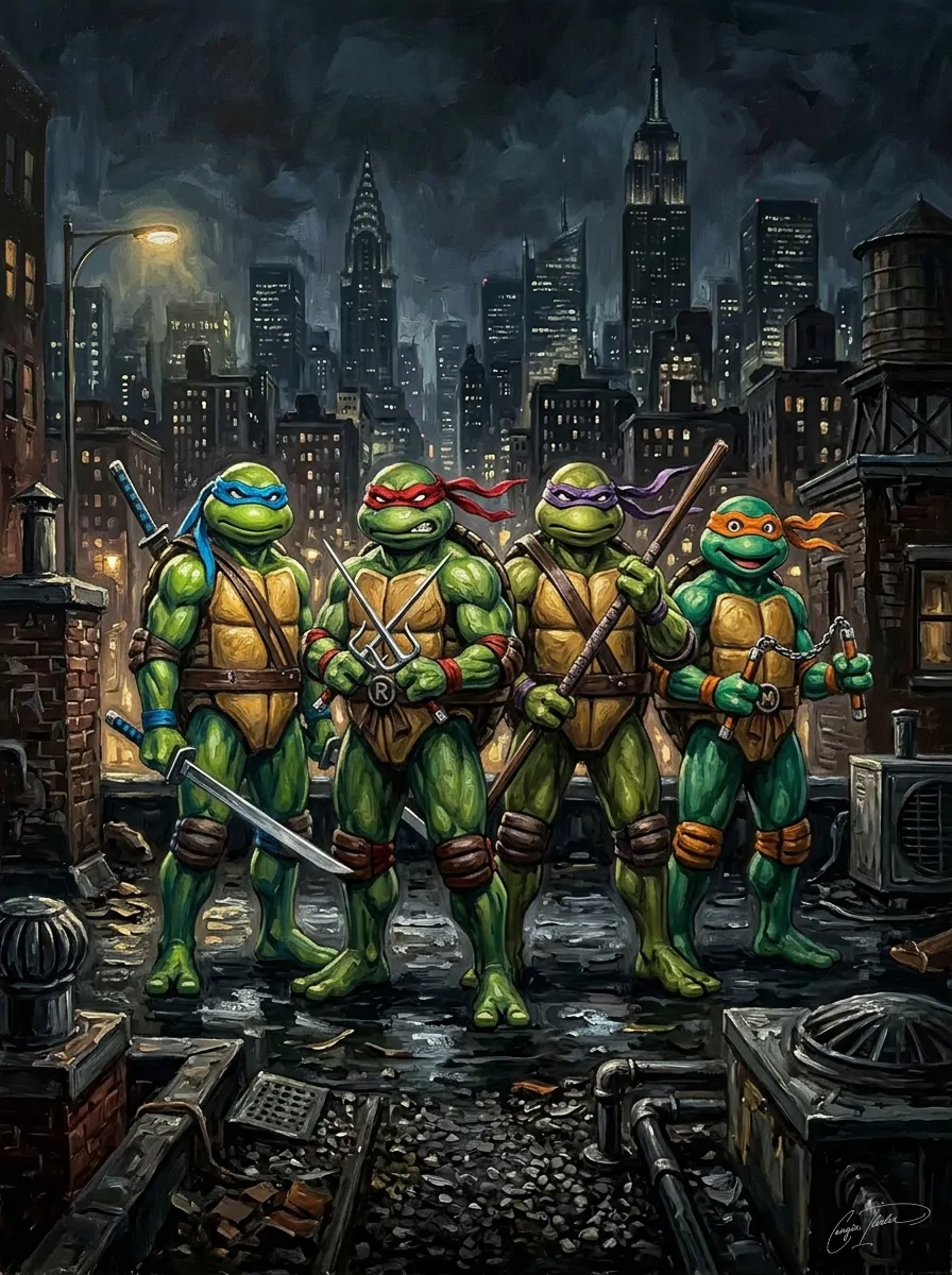 Oil painting of the Teenage Mutant Ninja Turtles standing heroically on a rooftop.