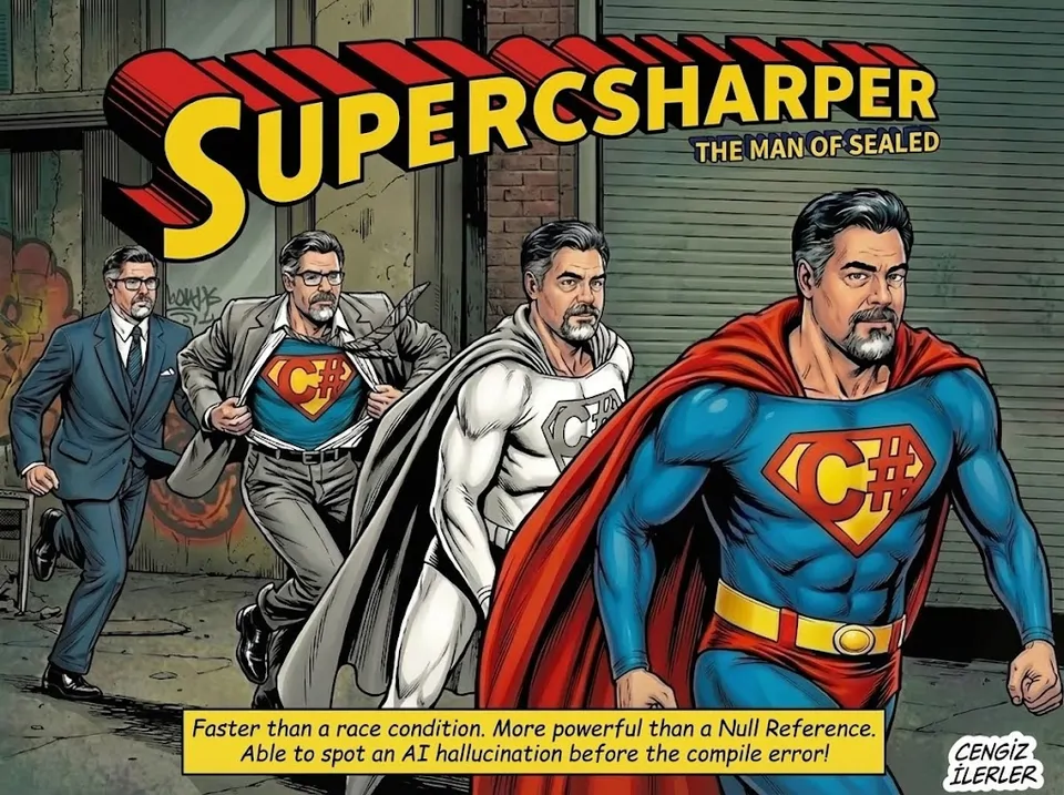 Comic-book cover titled “SuperCSharper — The Man of Sealed.” Four stages, left to right, show Cengiz transforming from a man in a business suit into a caped superhero in blue with a Superman-style shield bearing the C# logo. Tagline: “Faster than a race condition. More powerful than a Null Reference. Able to spot an AI hallucination before the compile error!”