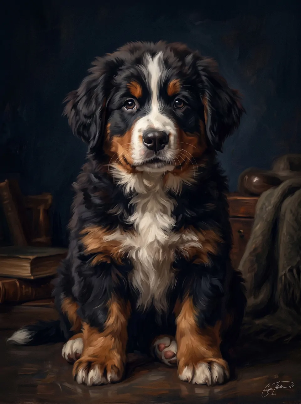 Oil painting of a Bernese Mountain Dog puppy — tricolor coat with a white blaze and chest and rust markings, sitting in a warm study.