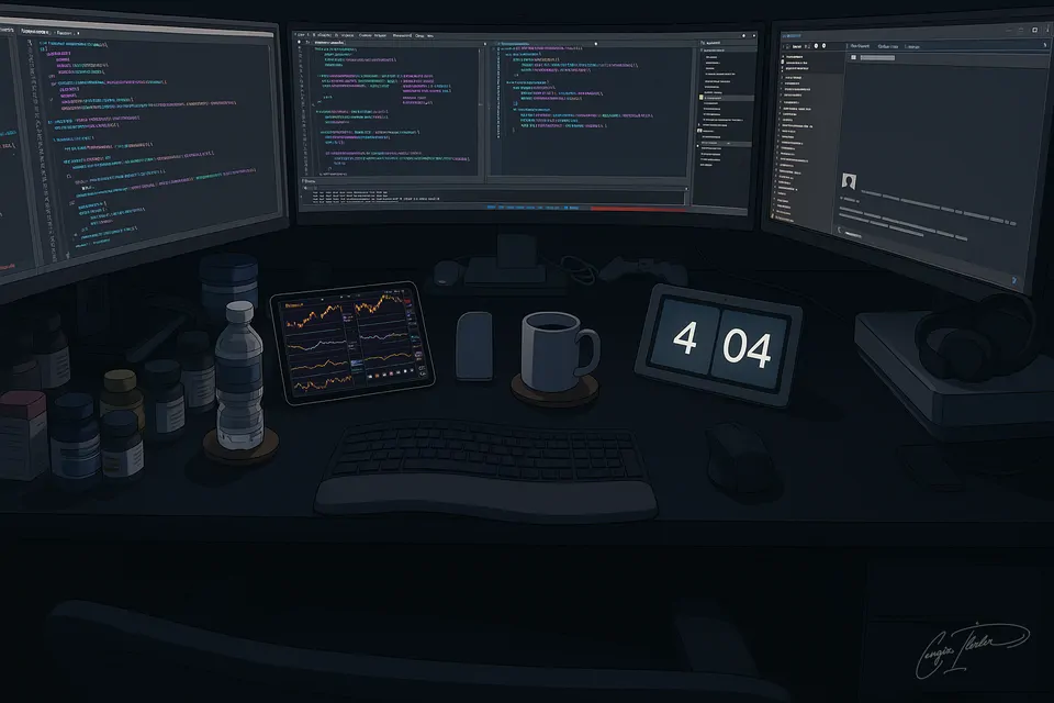 Illustration of a desk at night — three monitors full of code, a trading tablet, coffee, a game controller, and a clock reading 4:04.
