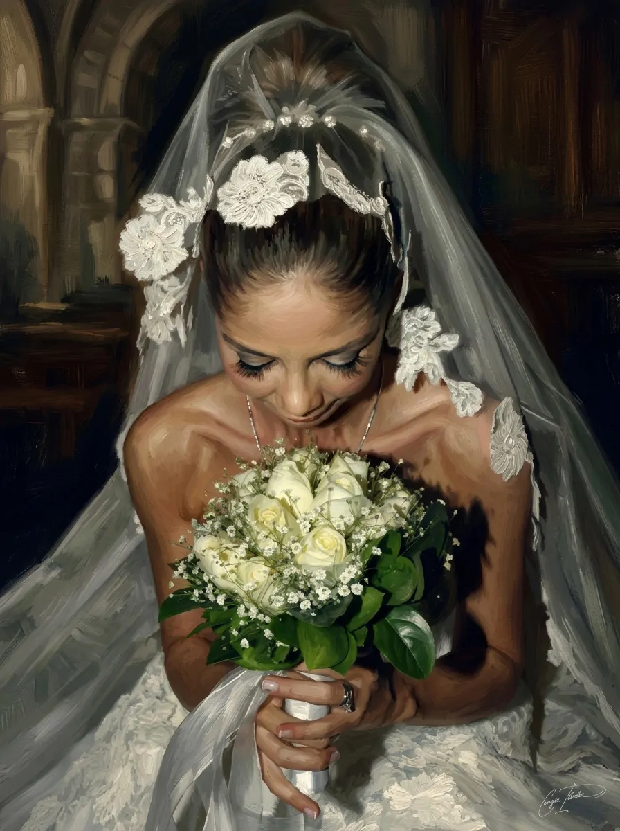 A bride in her veil, eyes lowered to a bouquet of white roses — signed oil portrait.