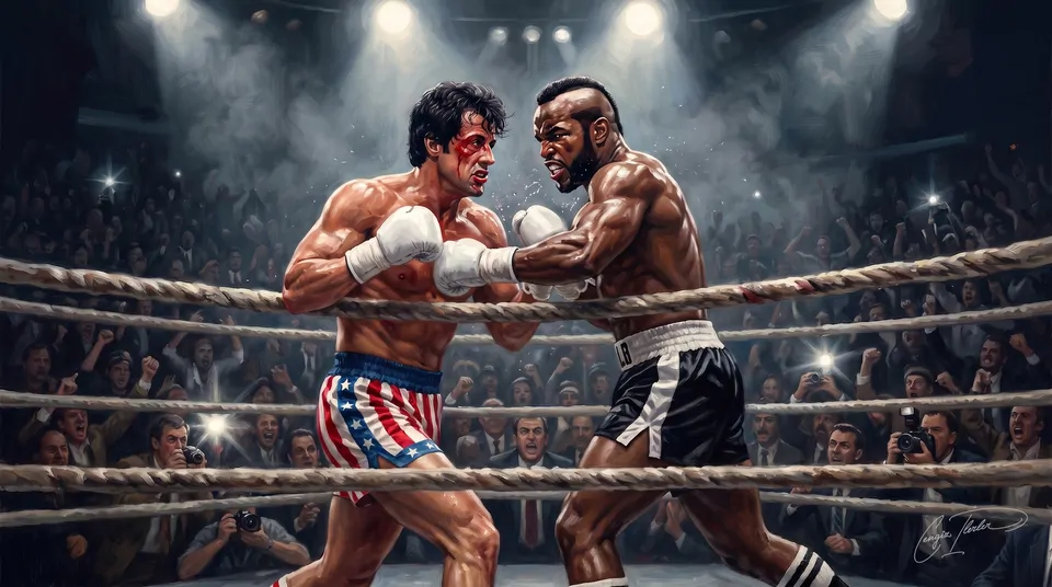 Painted homage to Rocky III — two boxers, one in American flag trunks, one fierce challenger, clashing intensely in a spotlighted 1980s boxing ring.
