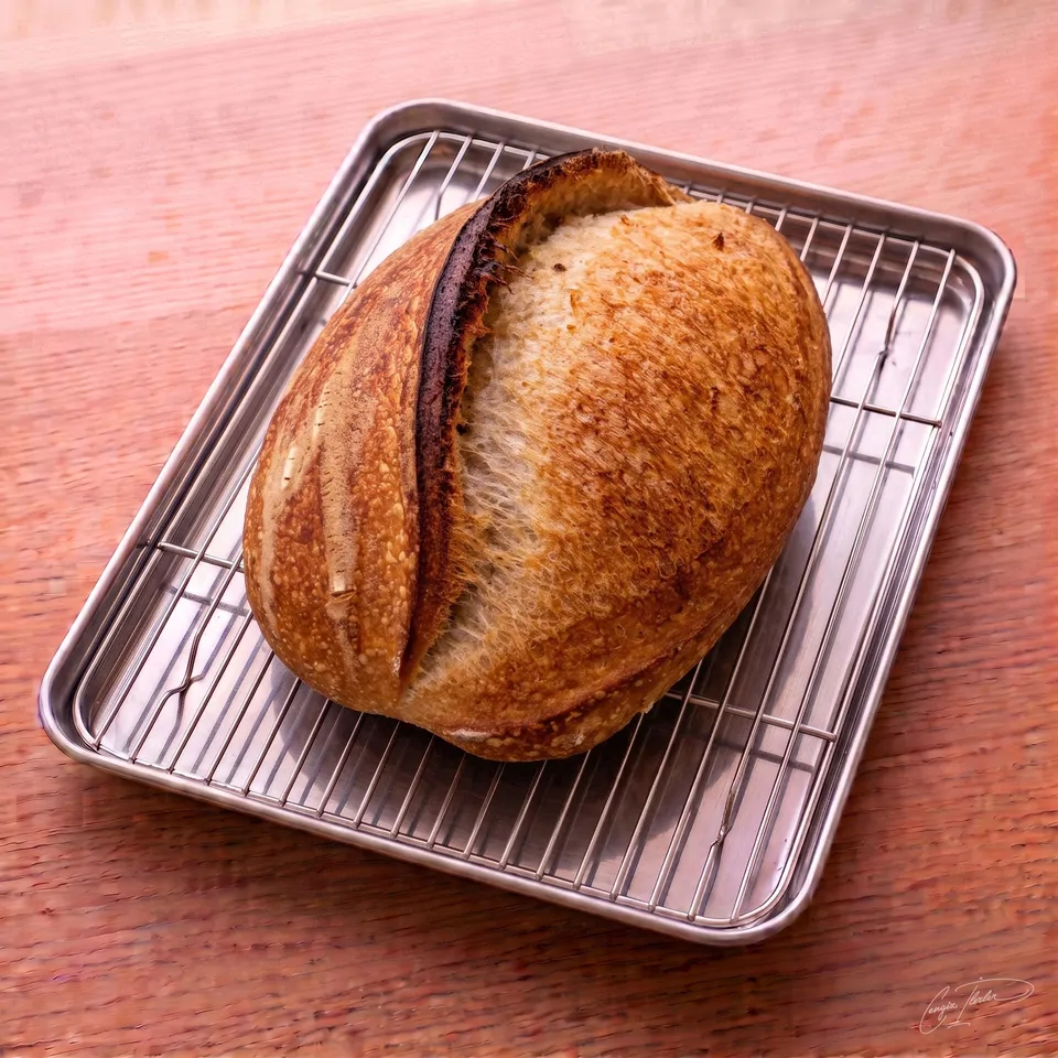 An oval-shaped loaf of crusty sourdough white bread featuring a prominent, deeply charred ear and scoring mark, resting on a wire cooling rack over a wooden surface.