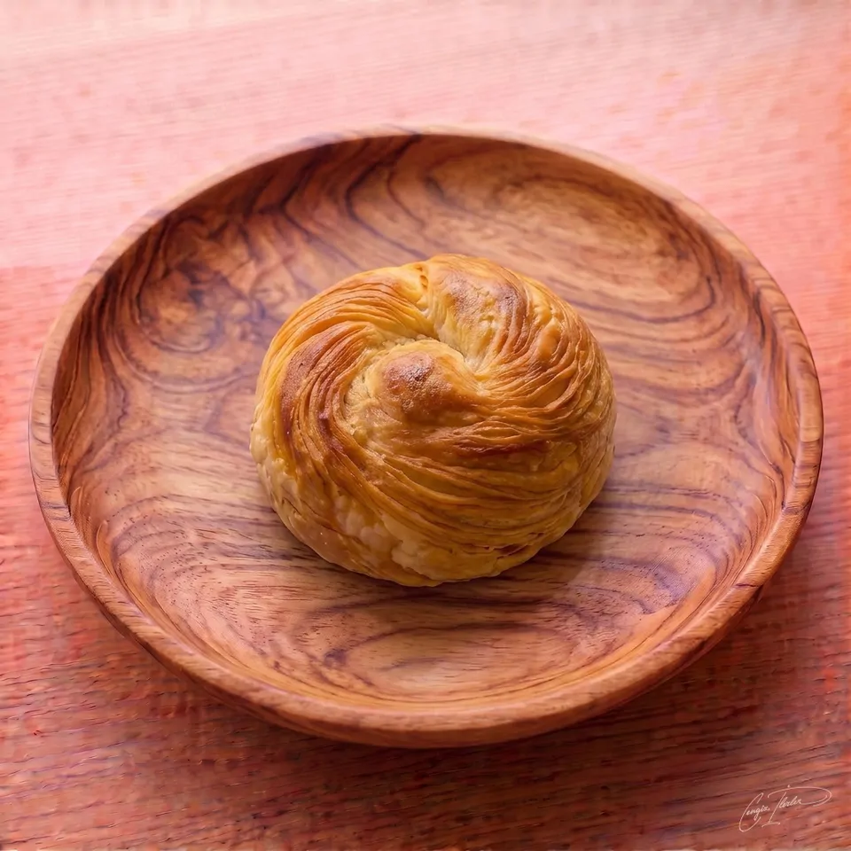 A single traditional Izmir boyoz on a carved wooden plate, featuring a beautifully flaky, rounded puff pastry texture.