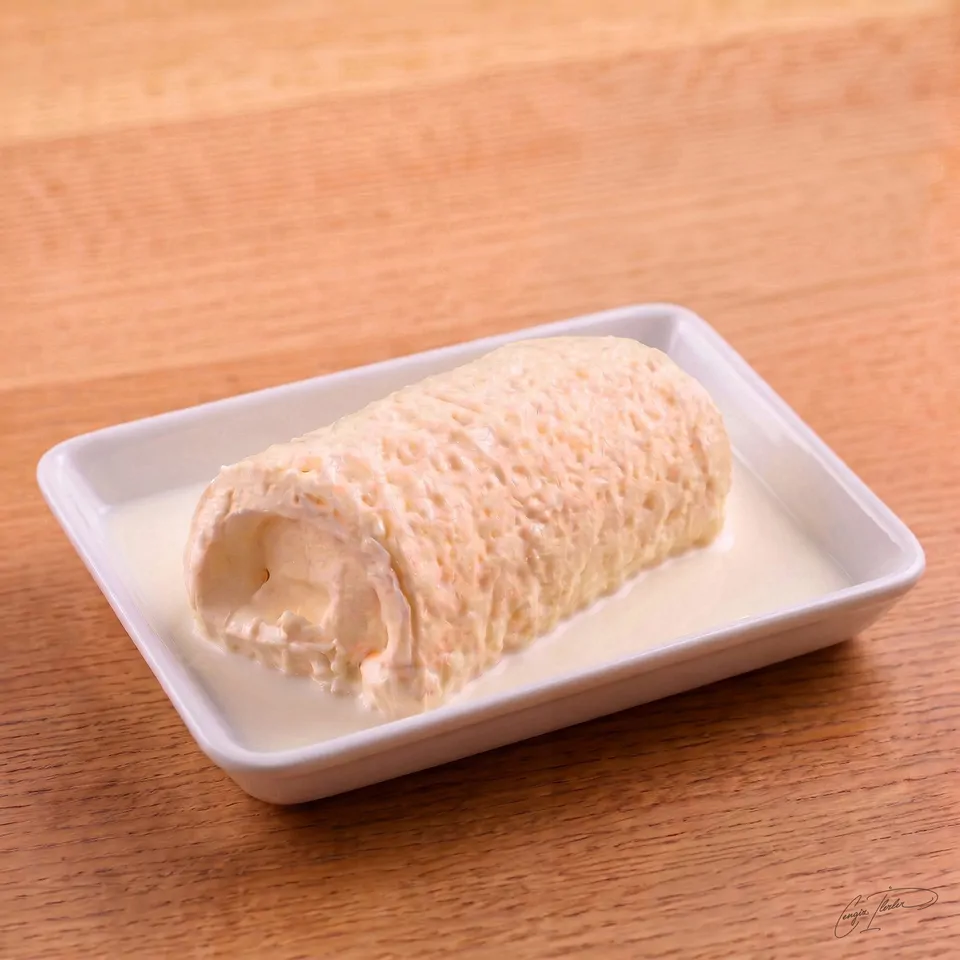 A rolled log of thick, creamy pale-yellow kaymak — Turkish clotted cream — resting in a shallow pool of milk in a white rectangular dish, on a wooden table.