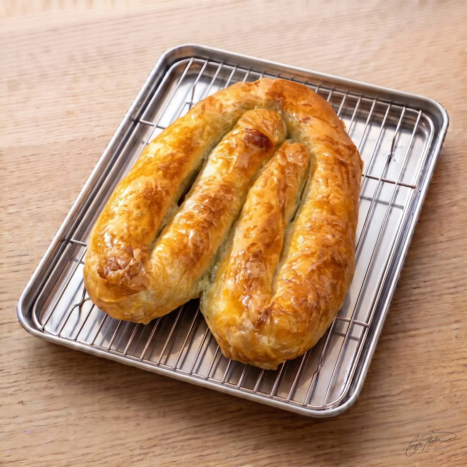 A large, golden-baked kol böreği (rolled pastry) shaped in a deep U-curve, resting on a metal cooling rack, featuring a very flaky and shiny egg-washed crust.