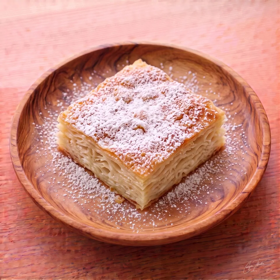 A thick, square slice of Kürt böreği (also known as Küt böreği) on a carved wooden plate, showcasing its numerous thin, plain pastry layers heavily dusted with powdered sugar.