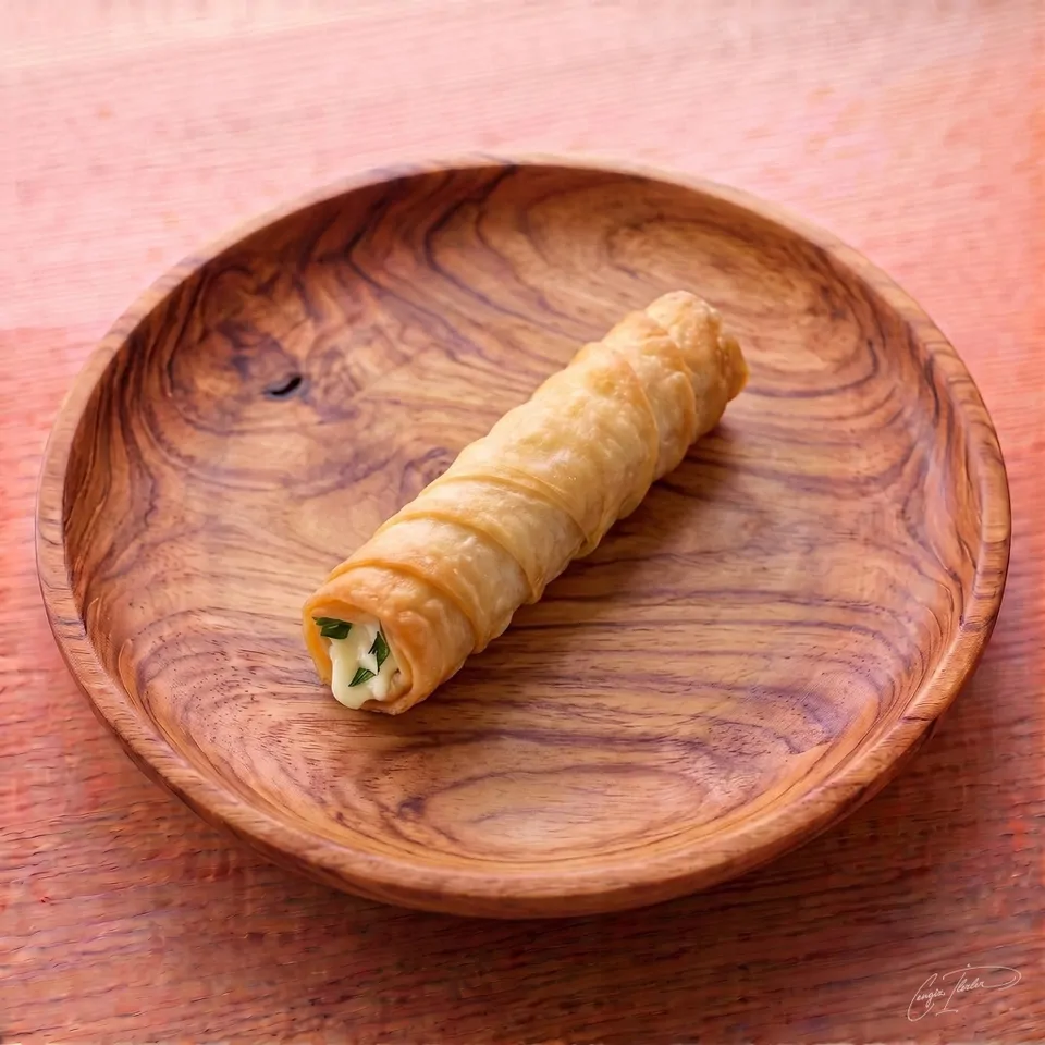A single golden-fried sigara böreği (cigar-shaped pastry) resting on a carved wooden plate, with melted white cheese and herbs visible at the open end.