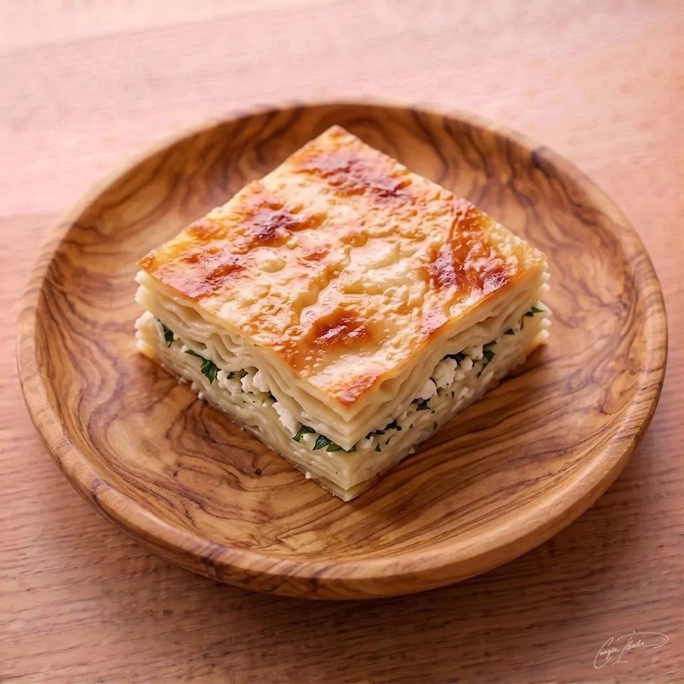 A thick, square slice of su böreği (water pastry) on a carved wooden plate, revealing multiple rippled layers of soft dough filled with white cheese and parsley, under a golden-brown, blistered crust.