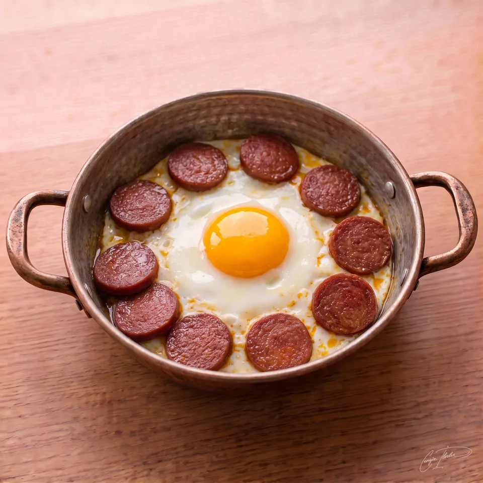 A traditional Turkish copper pan (sahan) holding a perfectly fried sunny-side-up egg in the center, encircled by round slices of fried sucuk (spicy Turkish sausage) releasing their vibrant red oil.