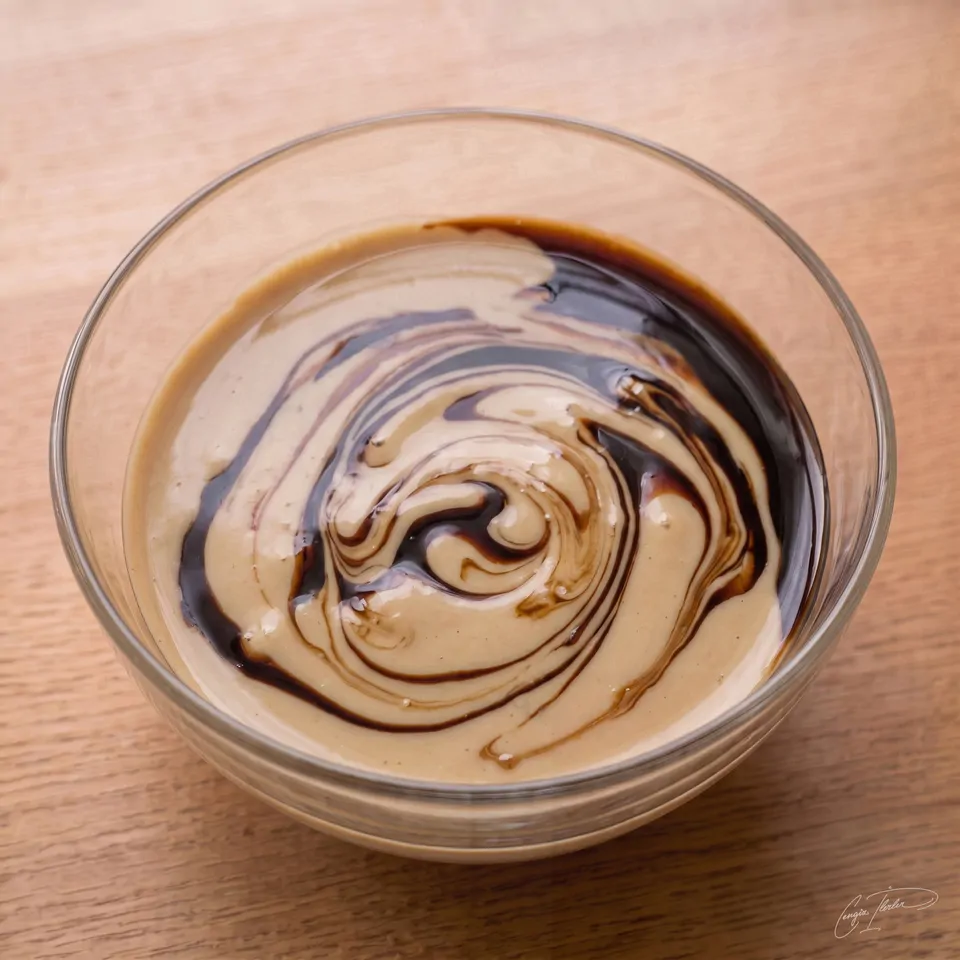 A glass bowl containing a hypnotic, swirled mixture of pale tahini and dark, rich grape molasses.