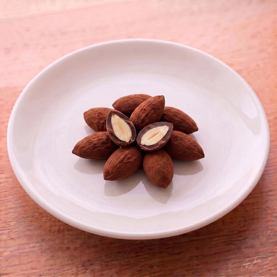 A neat flower-shaped arrangement of cocoa-dusted almond dragees on a white plate, with the center one cut open to reveal a whole roasted almond inside.
