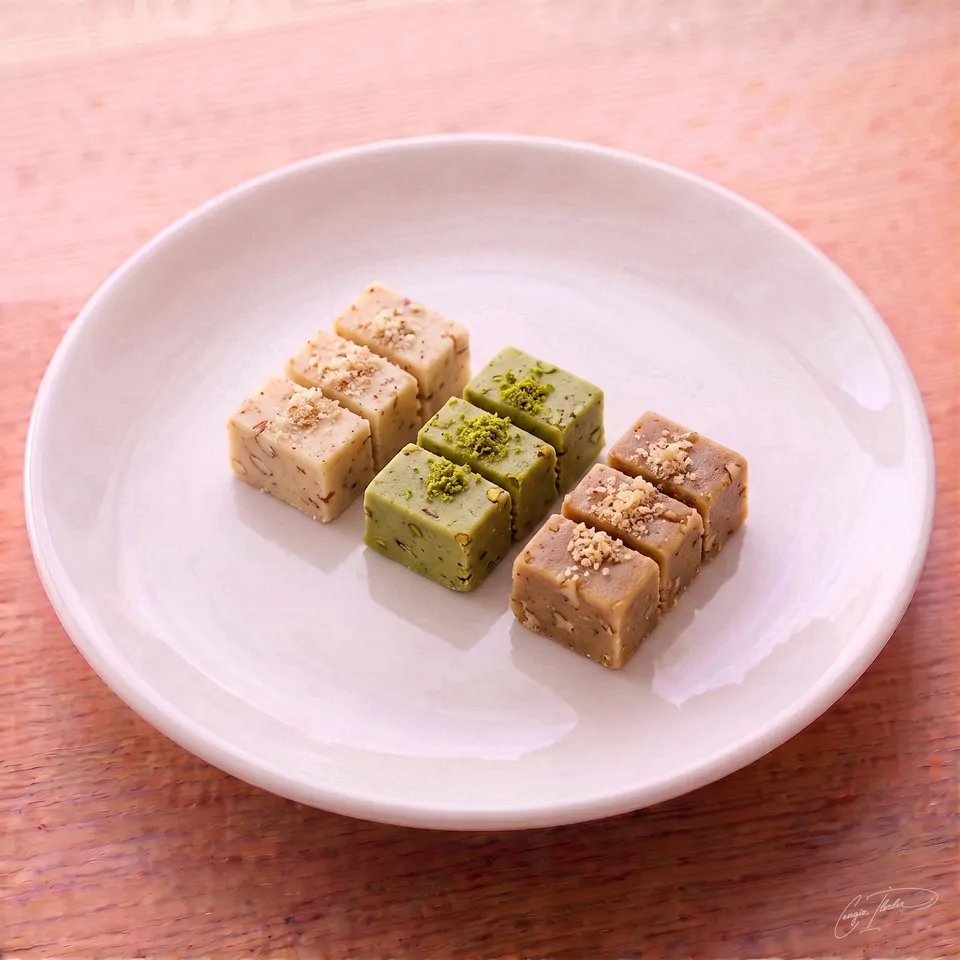 Small, dense squares of traditional Turkish nut pastes — pale almond, bright green pistachio, and brown walnut — neatly arranged on a white plate.