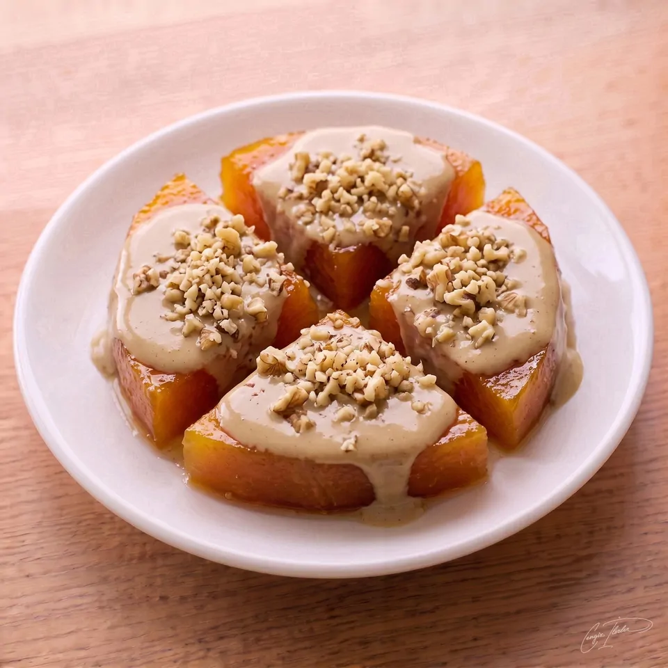 Four thick, vibrant orange slices of candied pumpkin arranged in a circle on a white plate, generously drizzled with creamy tahini and topped with crushed walnuts.