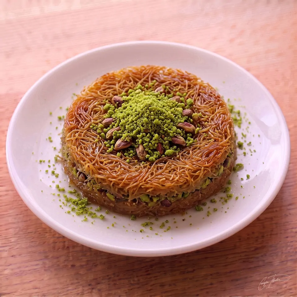 A slice of kadayıf — golden shredded pastry soaked in syrup and topped with ground pistachio — on a white plate on a wooden table.
