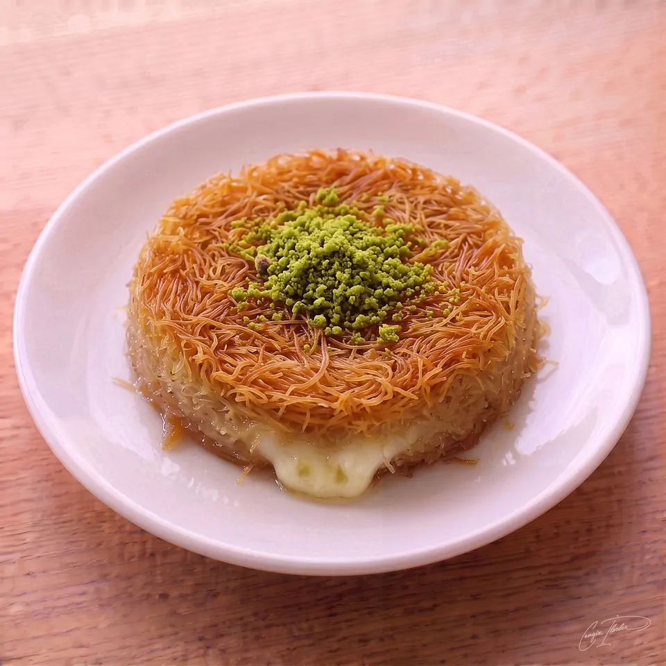 A round künefe — crisp golden shredded pastry over a molten cheese center, soaked in syrup and crowned with ground pistachio — on a white plate on a wooden table.