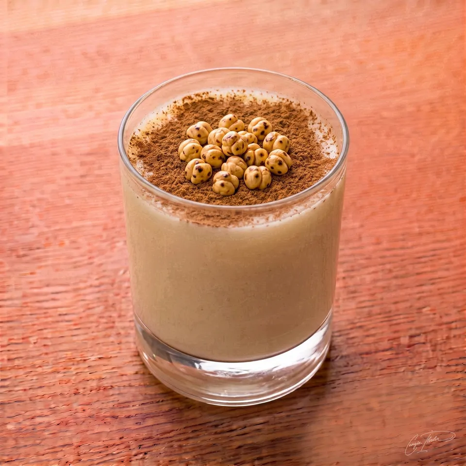 A tall glass of thick, pale-tan boza — the fermented millet drink — topped with cinnamon and roasted chickpeas, on a wooden table.