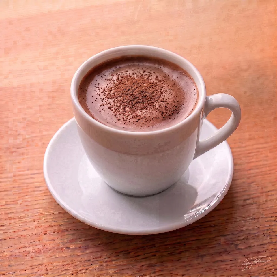 A white cup of dark hot chocolate dusted with cocoa, steam rising.