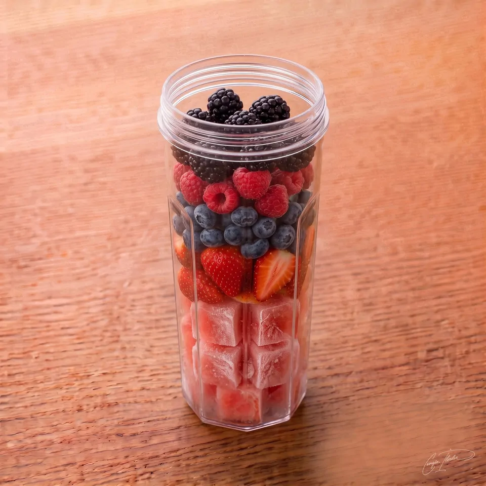 A clear tumbler filled with distinct layers of frozen watermelon cubes, sliced strawberries, blueberries, raspberries, and blackberries, ready to be blended, sitting on a wooden table.