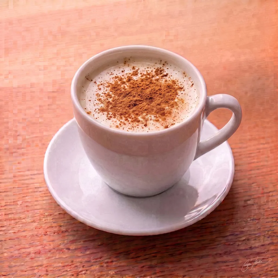 A white cup of sahlep crowned with a cinnamon spiral, steam rising.