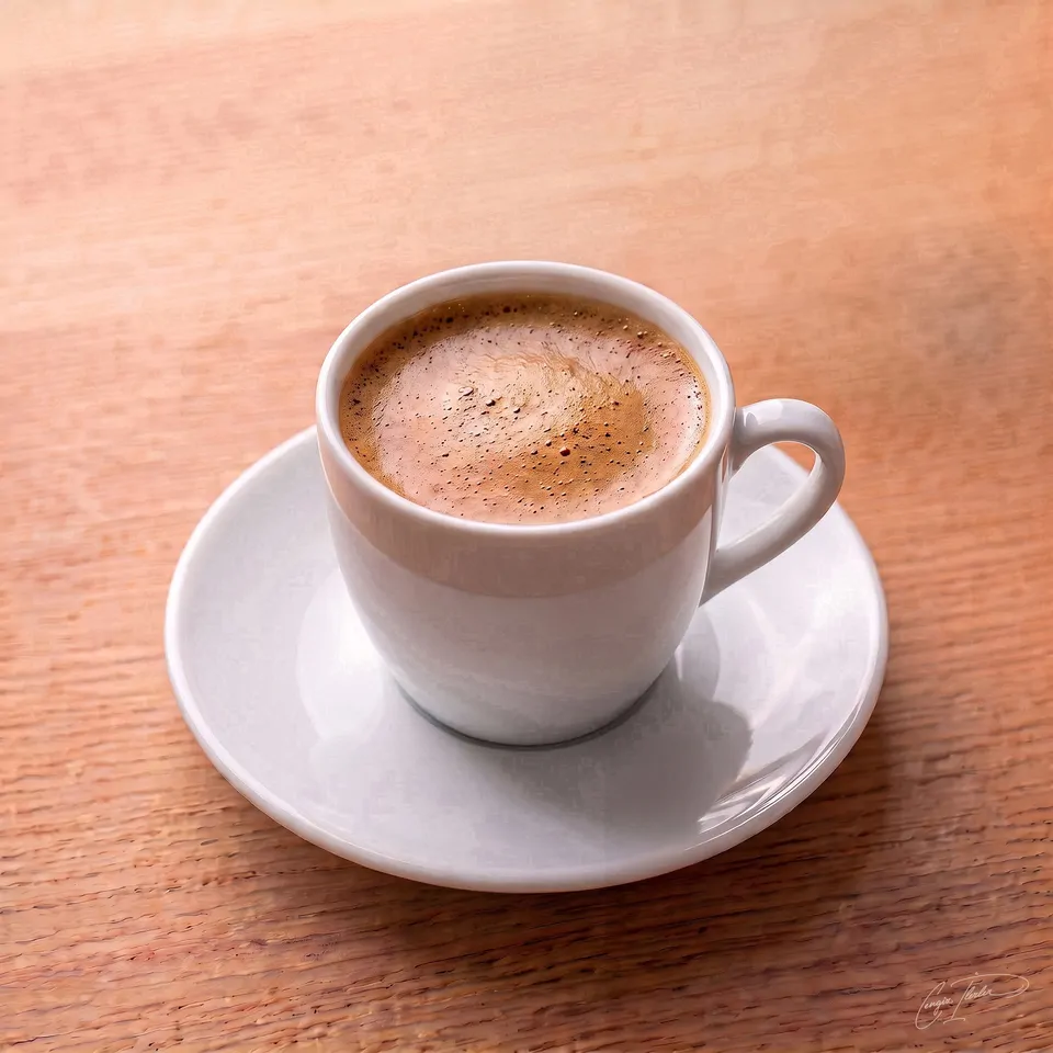 A steaming cup of Turkish coffee with a fine foam, on a white saucer.