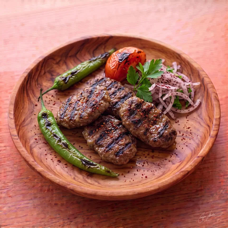 Five oval-shaped, grilled cızbız köfte with distinct char marks, served on a carved wooden plate alongside grilled green peppers, a charred tomato half, and a red onion and parsley salad.
