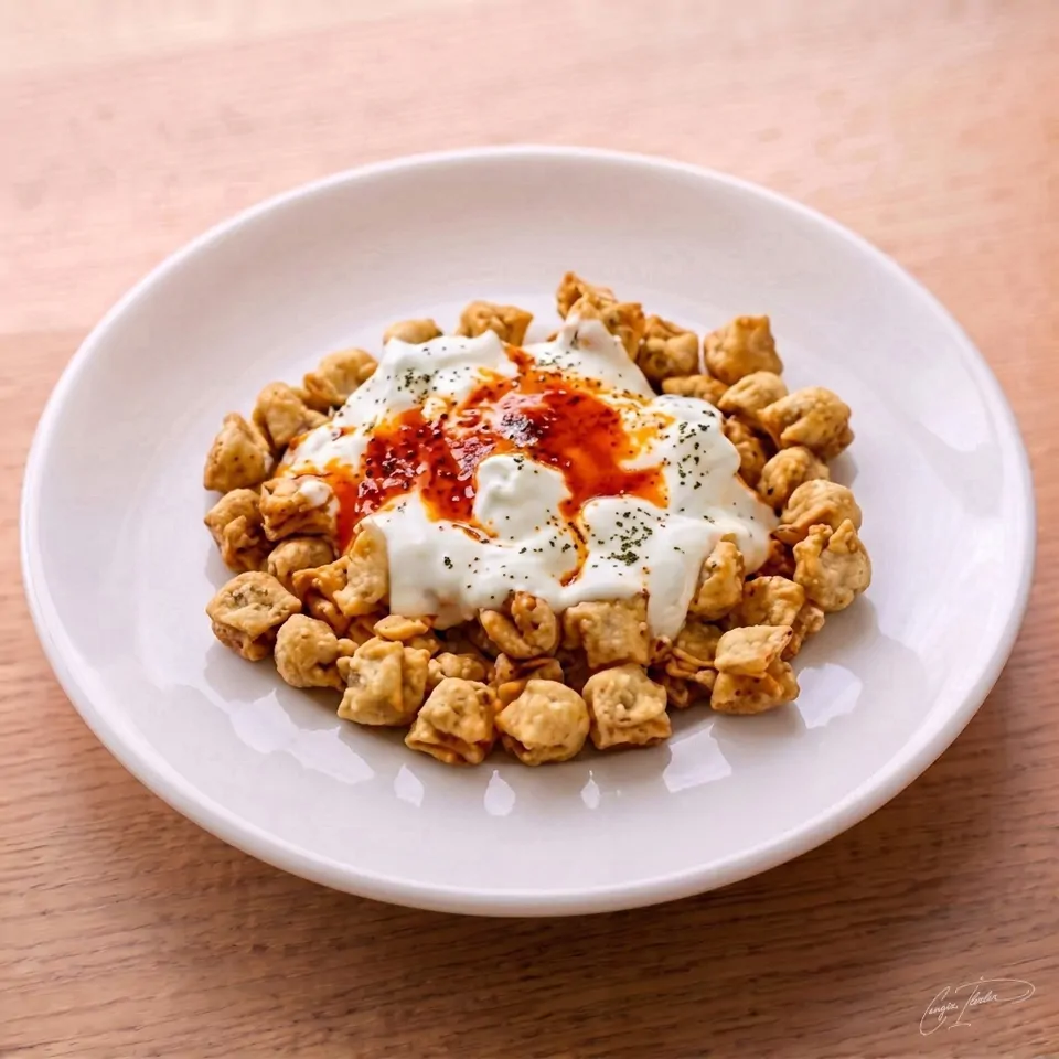 A white plate of Feraye mantı (crispy fried Turkish dumplings) piled high, topped with garlic yogurt, red pepper oil, and a sprinkle of dried mint.