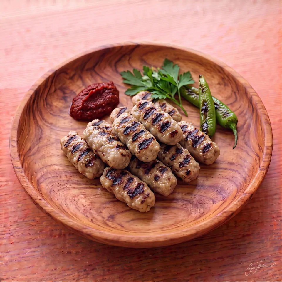A neat pile of finger-shaped, grilled İnegöl köfte with prominent grill marks, served on a carved wooden plate with grilled green peppers, fresh parsley, and a dollop of red pepper paste.