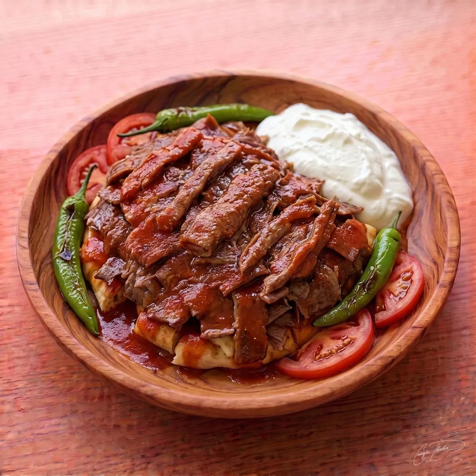 A carved wooden plate of İskender kebap — thin slices of döner meat over pita bread, generously drenched in tomato sauce and served with a side of yogurt and grilled green peppers.