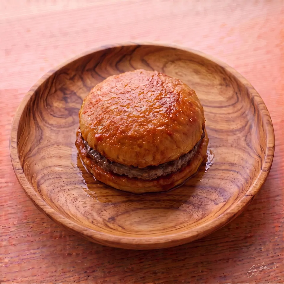 A single Turkish islak burger on a carved wooden plate — its soft buns heavily steamed and soaked in a glossy, garlicky tomato sauce.