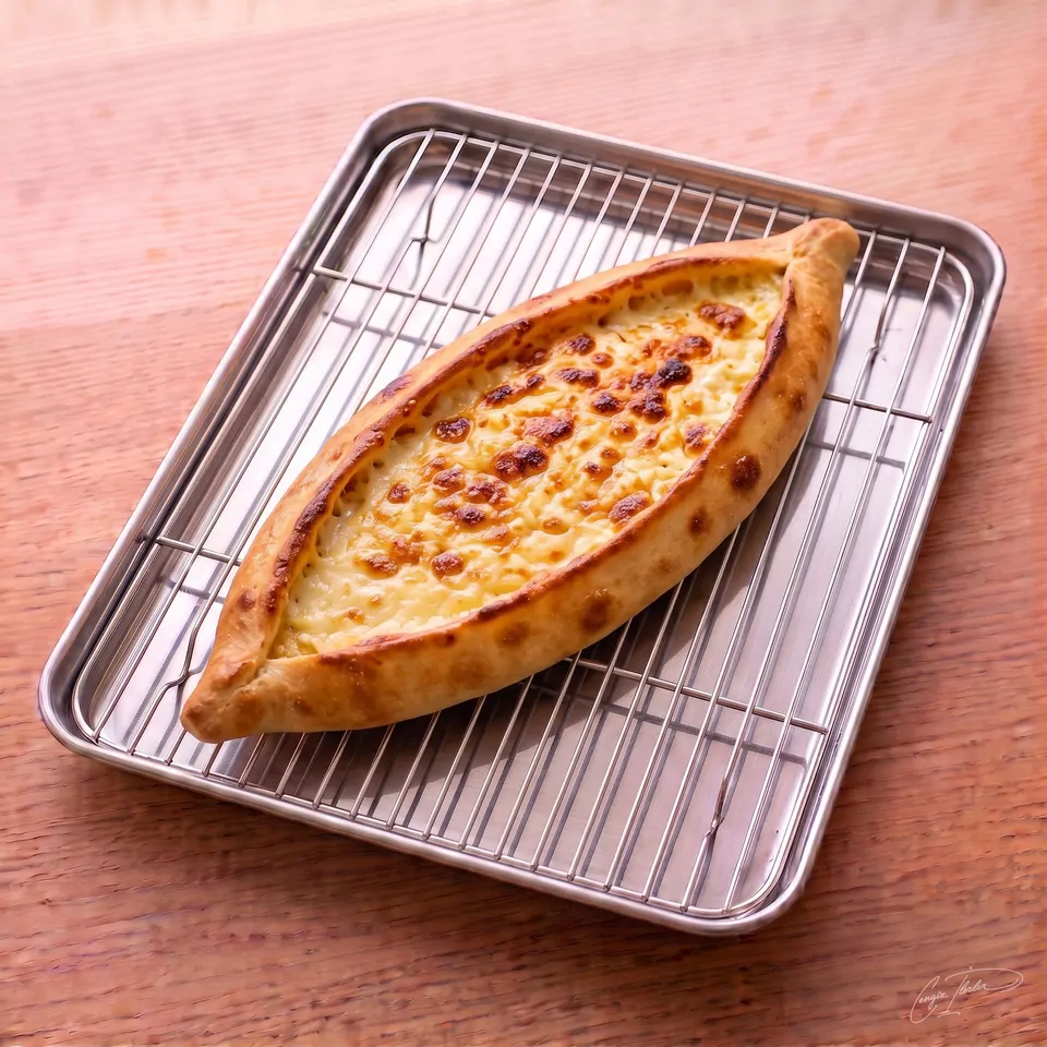 A freshly baked, boat-shaped kaşarlı pide filled with bubbling, golden-brown melted cheese, resting on a metal cooling rack.