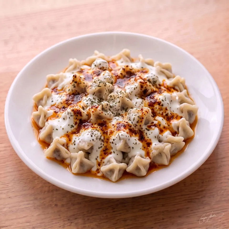 A white plate of classic Kayseri mantısı (Turkish dumplings) topped with a generous layer of garlic yogurt, drizzled with red pepper oil, and sprinkled with dried mint.