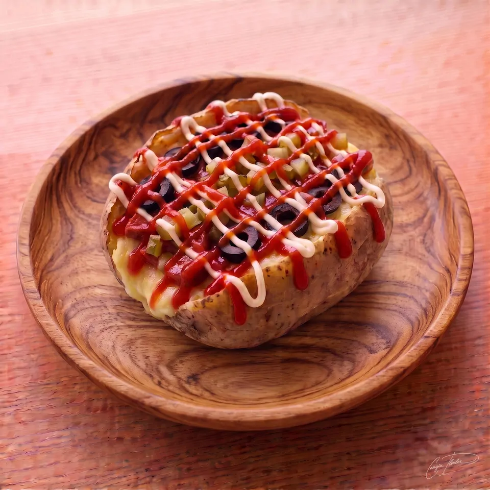 A large, fluffy Turkish baked potato on a carved wooden plate, loaded with melted cheese, black olives, chopped pickles, and a criss-cross drizzle of ketchup and mayonnaise.