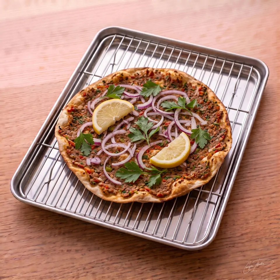 A crisp, thin round of lahmacun topped with minced meat, garnished with fresh parsley, red onion rings, and lemon wedges, resting on a metal cooling rack.