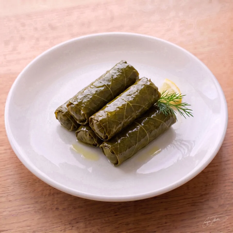 A neatly stacked pile of yaprak sarma (stuffed vine leaves) on a white plate, glistening with olive oil and garnished with a lemon slice and a sprig of fresh dill.