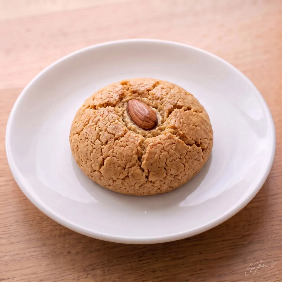 A single golden almond cookie with a whole almond pressed into its cracked top, on a white plate on a wooden table.