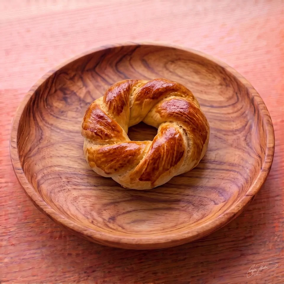 A single large, soft, ring-shaped açma with a shiny golden-brown crust and classic twisted texture, resting on a carved wooden plate.