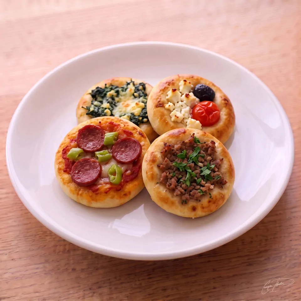 A white plate holding three small, round Turkish-style mini pizzas with assorted toppings including sausage, spinach, and ground meat.