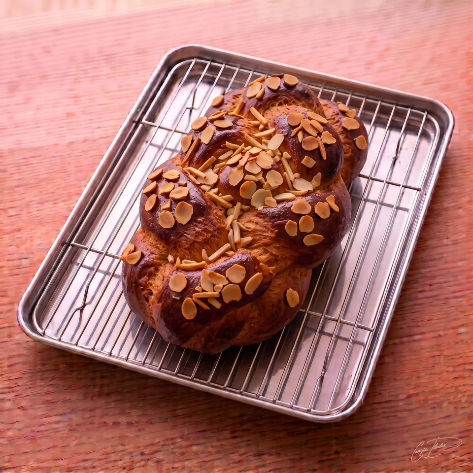A beautifully braided loaf of Paskalya Çöreği with a deeply browned, shiny crust, generously topped with sliced almonds, resting on a wire cooling rack.