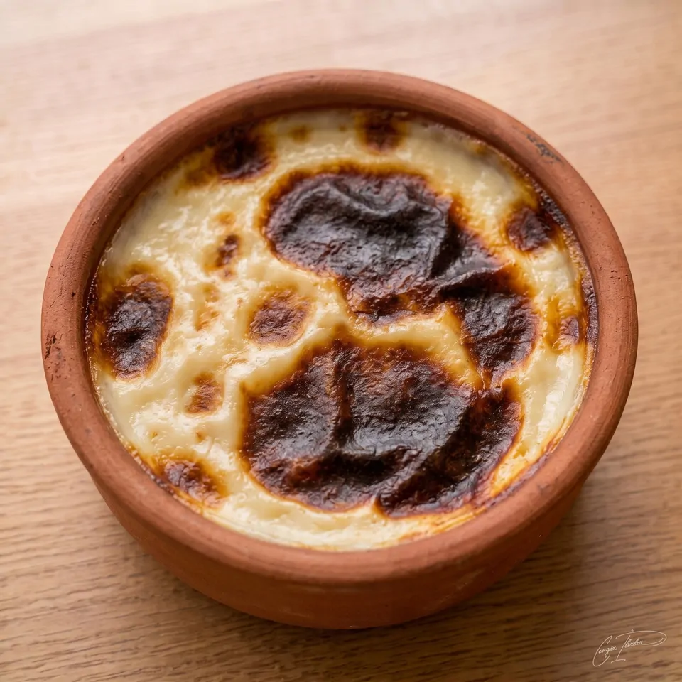 Fırın sütlaç in a clay bowl, top scorched deep brown, covered with crushed hazelnuts.