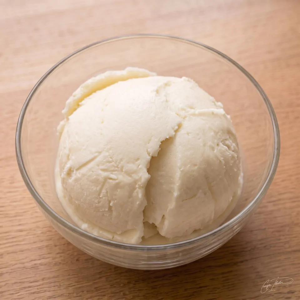 A dense, glossy scoop of white dondurma in a glass bowl.