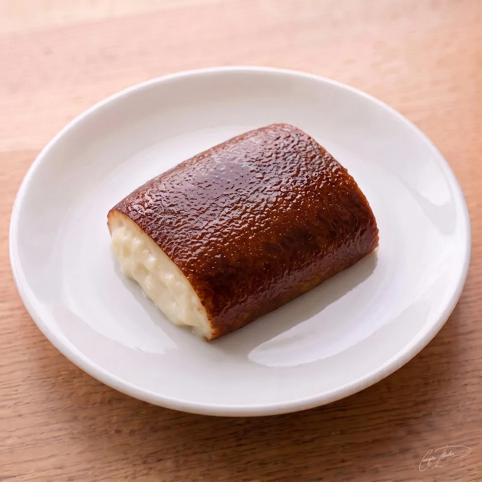 A rectangular slice of Turkish kazandibi (caramelized milk pudding) on a white plate, showcasing its signature dark, beautifully caramelized top.