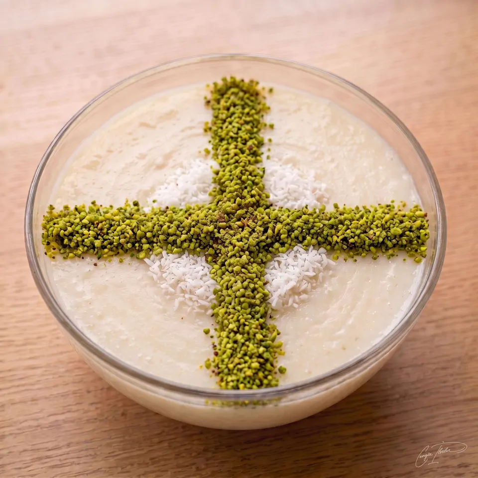 A glass bowl of keşkül — a cross of ground pistachio, a coconut diamond at the center, and a flower of blanched almonds on top.